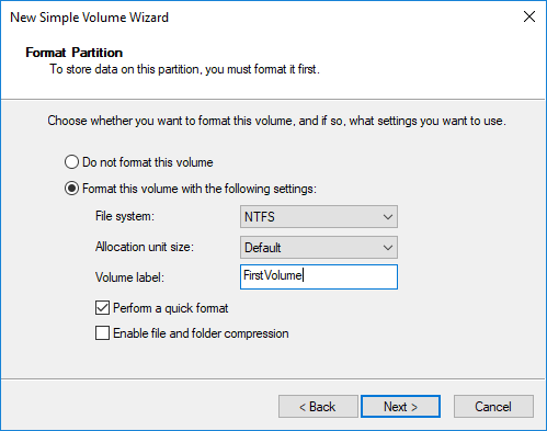 Finishing New Volume Wizard